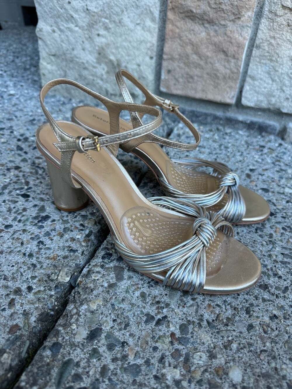 Reformation Petra Metallic Gold Cylinder Heel Sandal Size 6